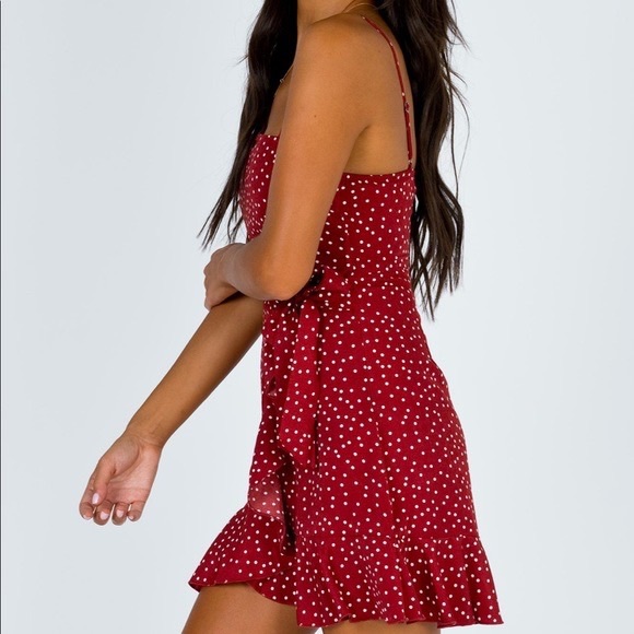 Princess Polly Deep Red Caesura Polka Dot Mini Dress - Picture 7 of 15